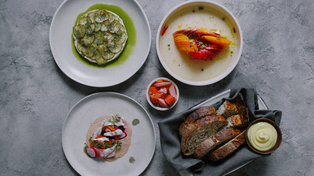 Smoked fish rillette; Coopers Shoot tomatoes with peach and capers; Beetroot, radish and hazelnut.