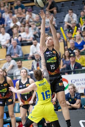 Finding her feet: Sara Blicavs launches her first shot on return for Dandenong against Bendigo on Sunday.