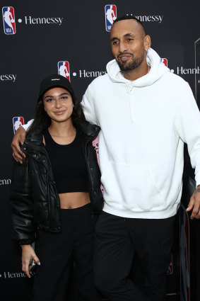 Kyrgios with partner Costeen Hatzi at an NBA event in Sydney on Wednesday.