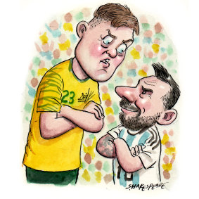 Australia’s Harry Souttar and Argentina’s Lionel Messi.
