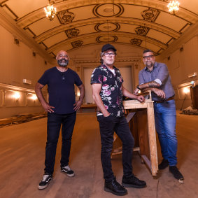 Andrew Mansfield (right) with partners Ash Ibraheim and Ben Thompson before work began last year on refurbishing Northcote Theatre for live music.
