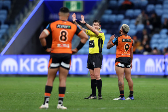 Wests Tigers captain Api Koroisau is sent to the sin bin.