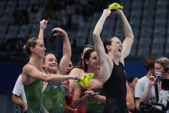 Emma McKeon (left), Chelsea Hodges, Kaylee McKeown and Cate Campbell celebrate after winning the 4x100m medley relay final on Sunday.