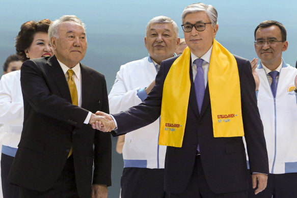 Kazakhstan’s President Kassym-Jomart Tokayev, right, sacked his predecessor, former president, security chief and “father of the nation”, Nursultan Nazarbayev, left, to try to quell unrest. 