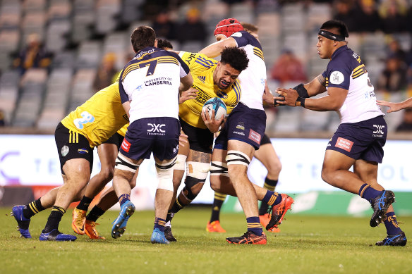 Ardie Savea was smothered by Tom Hooper and the Brumbies defence.