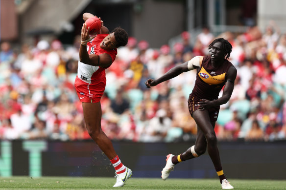 The athletic Joel Amartey stepped up for Sydney with four goals against Hawthorn.