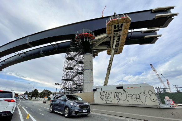Construction work on the elevated road running above the centre of Footscray Road at Docklands late last year. The road is currently closed until March for works on a bike path.