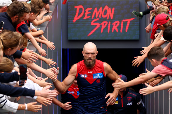 Max Gawn of the Demons leads his team out onto the field