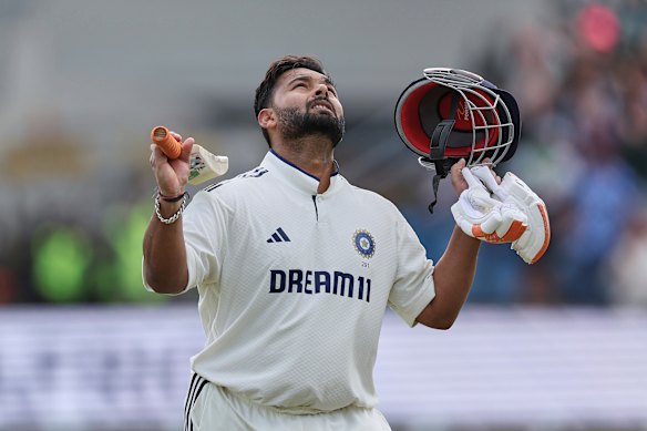 Pant looks to the heavens on raising his ton in the second innings at Headingley.