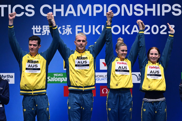 Gold medallists Jack Cartwright, Kyle Chalmers, Shayna Jack and Mollie O’Callaghan after the mixed 4x100m freestyle relay final. 