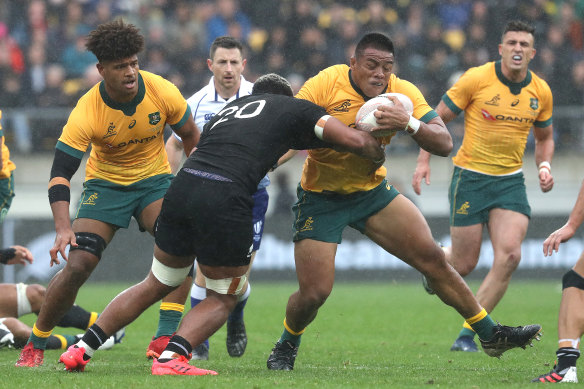 Allan Alaalatoa charges into the All Blacks defence in the first Bledisloe Test.
