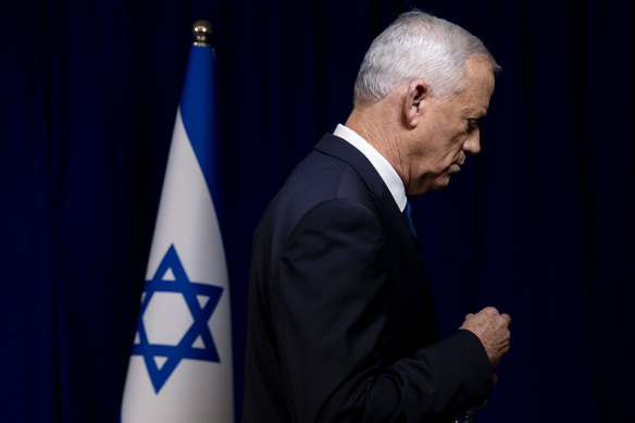 Benny Gantz, a member of the country’s wartime cabinet, departs after announcing his resignation during a press conference.