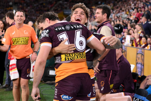 Reece Walsh celebrates with Kobe Hetherington after winning Saturday’s preliminary final.