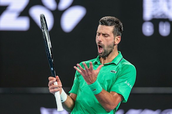 Novak Djokovic reacts against Jannik Sinner.