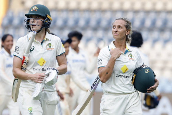 Annabel Sutherland and Ashleigh Gardner will hold Australia’s hopes of building a defendable score when play resumes on the final day of the Test match against India.
