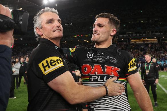 Nathan and Ivan Cleary celebrate another grand final win.