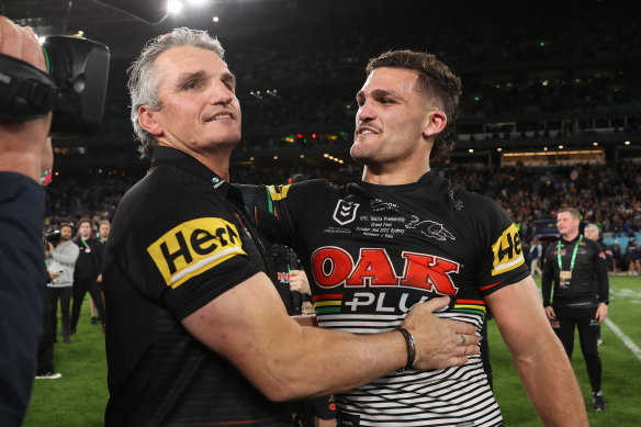 Nathan and Ivan Cleary celebrate the 2022 grand final win.