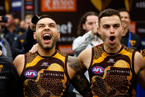 After last week’s heartbreaking loss, Hawthorn players celebrated their win over Brisbane Lions with gusto.