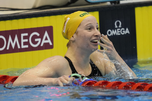 Mollie O’Callaghan reacts after winning the 200m freestyle final at the World Swimming Championships last year.