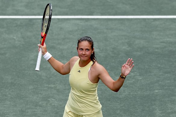 Daria Kasatkina celebrates her first match as an Australian with a win against Lauren Davis of the United States at the Charleston Open on April 2, 2025.