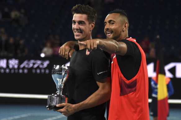 Nick Kyrgios, right, and Thanasi Kokkinakis with the Australian Open doubles trophy they won in January.