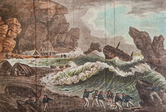 The survivors of the Wager shipwreck are shown in this 1805 engraving building their encampment on what became known as Wager Island.