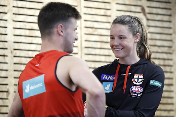 St Kilda AFLW co-skipper Rhiannon Watt and AFL midfielder Jack Sinclair talk shop.