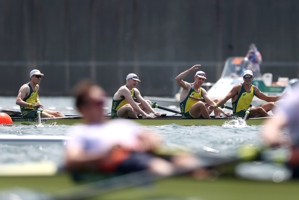 The Australian team of Alexander Purnell, Spencer Turrin, Jack Hargreaves and Alexander Hill won Australia’s second gold medal in minutes.