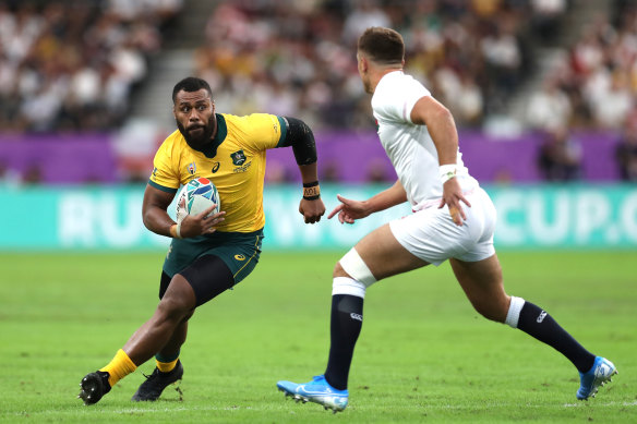 Samu Kerevi in his last game for the Wallabies in the 2019 Rugby World Cup.