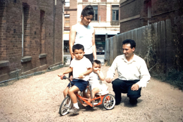Mark Brandi’s parents with two of his  brothers, Jim and Roy, beside the family pub in Stawell in the 1960s.