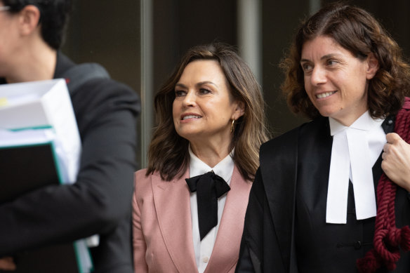 Journalist Lisa Wilkinson departs court, flanked by her barrister Sue Chrysanthou, on Monday.