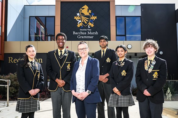 Bacchus Marsh Grammar Woodlea Campus students L-R Nilay Sarman, Ellis Niyonsenga, deputy principal Sarah Hunter, Aagrav Surianarayanan, Aarya Patel and Alexis Sharpe.