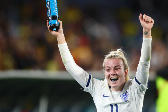 England’s Lauren Hemp celebrates after victory over Colombia.