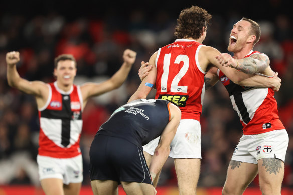 Max King and Tim Membrey celebrate a goal during St Kilda’s win over Carlton.
