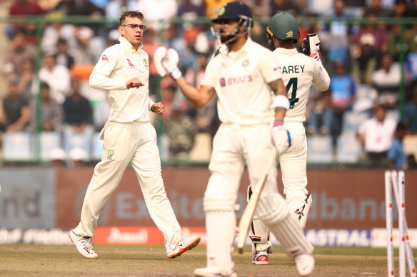 Todd Murphy celebrates another dismissal of Virat Kohli.