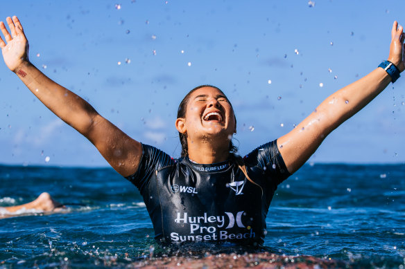 Brisa Hennessy after her maiden WCT victory at Hawaii’s Sunset Beach Pro.