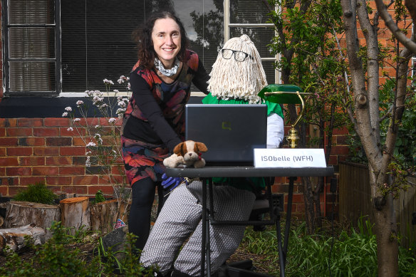 Heidi Marfurt kicks off scarecrow season on Rossmoyne Street, Thornbury, with her working from home creation: ISObelle. 