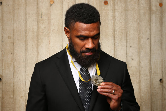 Marika Koroibete with the John Eales Medal in 2019, before the pandemic changed the way it was celebrated.