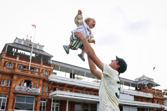 Pat Cummins shares a moment with son Albie on the hallowed turf of Lord’s after last year’s win in the second Ashes Test.