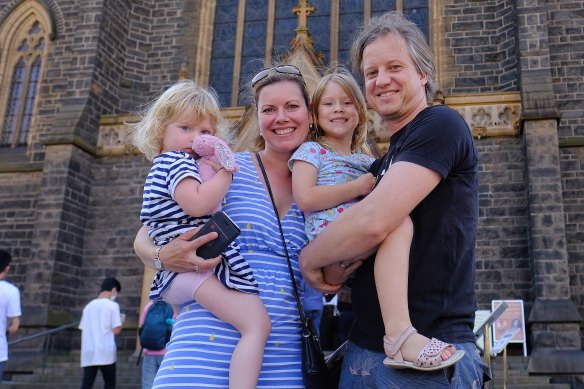 Frida and Markus Barth, with children Josefine, 2, and Carla, 5, outside St Patrick’s Cathedral. 