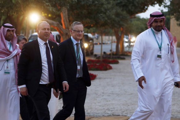 Treasurer Josh Frydenberg and Reserve Bank governor Philip Lowe after the first meeting of G20 finance ministers and central bank governors in Riyadh last month. The economic impact of the coronavirus grew quickly after this meeting.