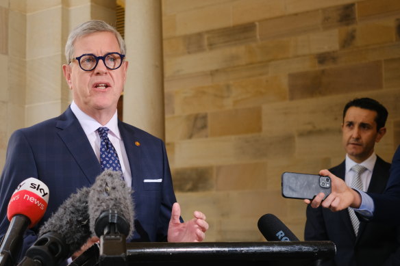 Health Minister Tim Nicholls (left) and Premier David Crisafulli (right) want to examine the evidence behind hormone therapy for young people with gender dysphoria.