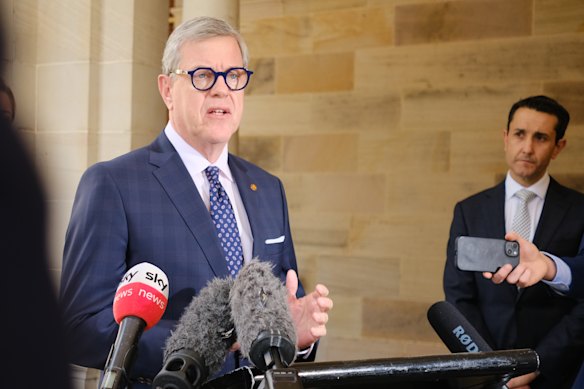 Tim Nicholls, pictured last year with then opposition leader David Crisafulli, was one of only three LNP MPs who voted to decriminalise abortion in 2018.