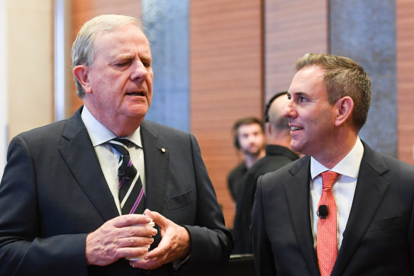 Peter Costello (left) has criticised Treasurer Jim Chalmers over the Future Fund.