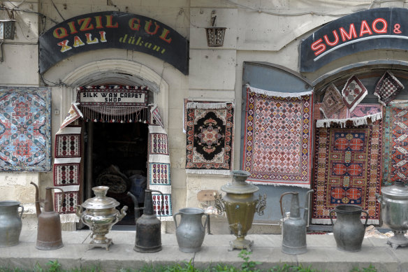 Shops belonging to carpet dealers in the historic Old Town of Baku, Azerbaijan. 