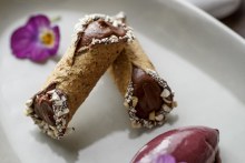 Wildflower's delectable buckwheat cannoli, cacao and acai berry dessert is wicked but worth it. 