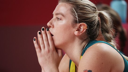 Liz Cambage reacts from the bench during the second half against Belgium on Tuesday.
