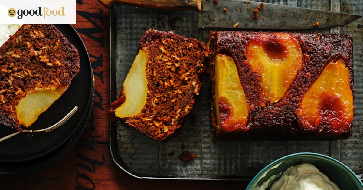 Upside-down pear and parkin loaf cake