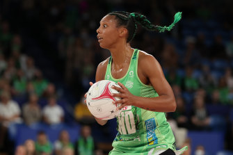 PERTH, AUSTRALIA - MAY 08: Stacey Francis-Bayman of the Fever looks to pass the ball during the round eight Super Netball match between West Coast Fever and Collingwood Magpies at RAC Arena, on May 08, 2022, in Perth, Australia. (Photo by Paul Kane/Getty Images)