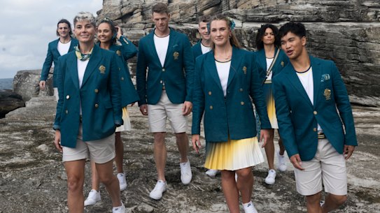 Australian athletes in the Olympic opening ceremony uniforms.